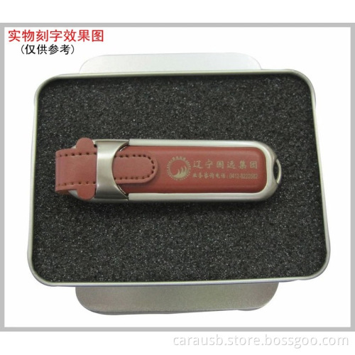 Steel edge inlaid leather case custom gift Usb flash disk gifts elongated shape